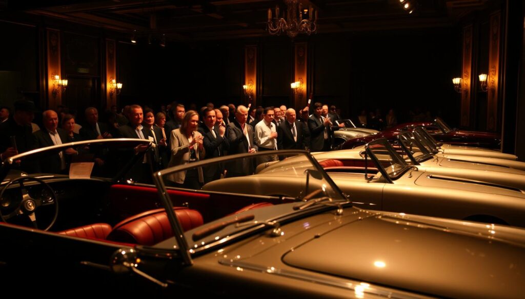 An auction house interior, dimly lit with warm, golden lighting. In the foreground, a collection of classic automobiles - gleaming chrome, polished metal, and leather interiors - positioned on a stage, ready to be bid upon by a discerning crowd. In the middle ground, bidders lean in, paddles raised, eyes narrowed in concentration. The background is shrouded in shadow, hinting at the history and provenance of these rare, priceless vehicles. The atmosphere is one of anticipation and excitement, as the gavel is poised to fall on the next classic car destined for a new collection. An auction house interior, dimly lit with warm, golden lighting. In the foreground, a collection of classic automobiles - gleaming chrome, polished metal, and leather interiors - positioned on a stage, ready to be bid upon by a discerning crowd. In the middle ground, bidders lean in, paddles raised, eyes narrowed in concentration. The background is shrouded in shadow, hinting at the history and provenance of these rare, priceless vehicles. The atmosphere is one of anticipation and excitement, as the gavel is poised to fall on the next classic car destined for a new collection.