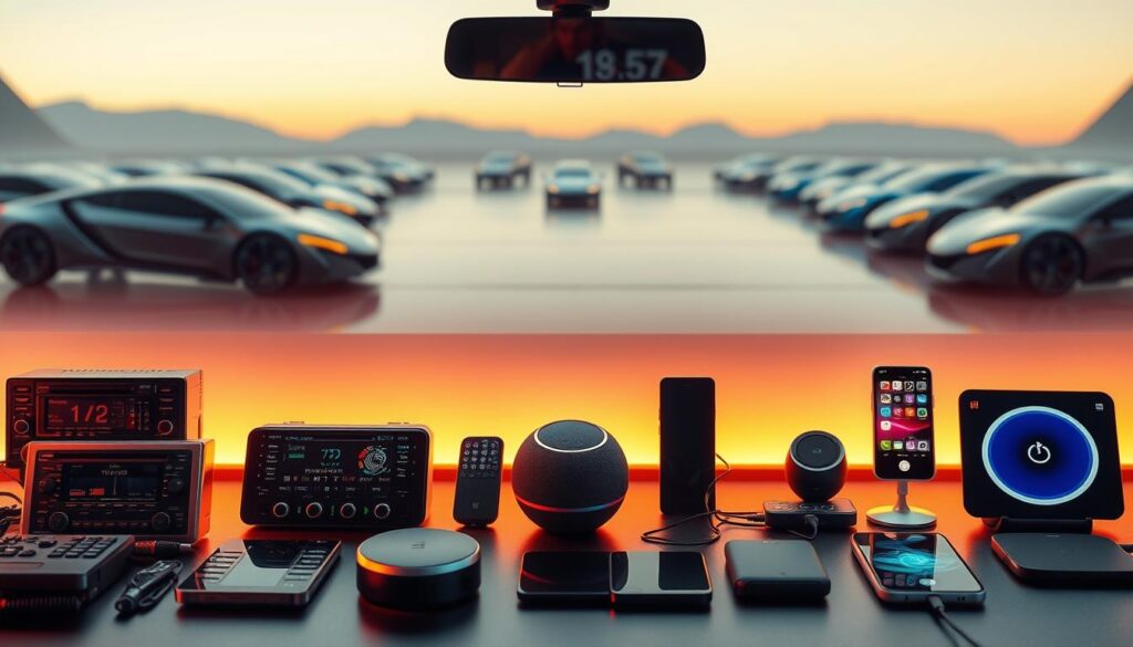 An evolution of car accessories spanning the decades, showcased against a backdrop of sleek, futuristic vehicles. In the foreground, a curated display of iconic gadgets - from classic radio cassette players to modern touchscreen infotainment systems, highlighting the technological advancements that have transformed the driving experience. The middle ground features cutting-edge smart devices, from voice-controlled virtual assistants to wireless charging pads, all illuminated by a warm, ambient lighting that evokes a sense of progress and innovation. In the distance, a panoramic view of gleaming, aerodynamic car silhouettes, hinting at the seamless integration of technology and automotive design. The overall composition conveys the steady march of progress, where once-revolutionary accessories have paved the way for a smarter, more connected driving future.