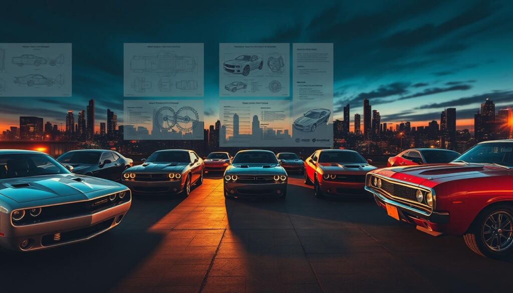 An expansive image showcasing the production numbers of iconic American muscle cars, captured with a cinematic flair. In the foreground, a gleaming row of legendary models like the Chevrolet Camaro, Ford Mustang, and Dodge Challenger, their powerful silhouettes casting dynamic shadows. The middle ground features meticulously detailed engineering diagrams and technical schematics, illuminating the manufacturing processes behind these automotive masterpieces. In the background, a dramatic cityscape at dusk, the cars' chrome accents and vibrant paint colors reflecting the warm glow of the setting sun, evoking a nostalgic and exclusive atmosphere. Soft focus and a shallow depth of field emphasize the subject, while dramatic lighting and moody shadows convey the timeless allure of these automotive icons.