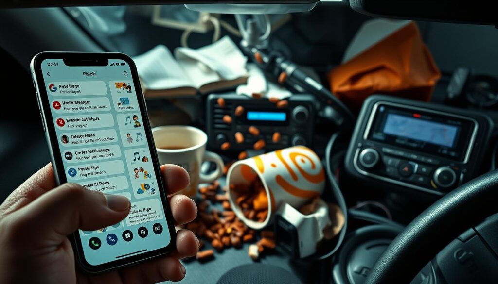 An intricate scene of common driving distractions, captured in a realistic and immersive manner. In the foreground, a smartphone screen with numerous notifications and messages diverting the driver's attention. In the middle ground, a coffee cup and an open food container spilling contents, creating a cluttered and hazardous environment. In the background, a radio blasting music and a GPS device with a complex interface, adding to the visual cacophony. The lighting is harsh and unforgiving, creating harsh shadows and highlighting the disarray. The camera angle is from the driver's perspective, emphasizing the overwhelming nature of these distractions and the potential for catastrophic consequences.