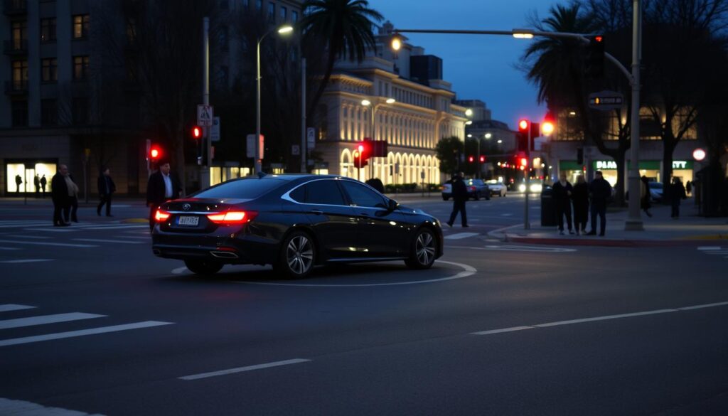 An urban intersection at dusk, with a clear view of the road markings and traffic signals. The foreground features a sedan performing a three-point turn, its brake lights illuminating the asphalt. In the middle ground, pedestrians wait patiently on the sidewalk, observing the vehicle's maneuver. The background depicts a well-lit street, with buildings and streetlamps casting a warm glow. The scene conveys a sense of caution and adherence to legal guidelines, with the driver's actions highlighting the importance of safety precautions during turning procedures. An urban intersection at dusk, with a clear view of the road markings and traffic signals. The foreground features a sedan performing a three-point turn, its brake lights illuminating the asphalt. In the middle ground, pedestrians wait patiently on the sidewalk, observing the vehicle's maneuver. The background depicts a well-lit street, with buildings and streetlamps casting a warm glow. The scene conveys a sense of caution and adherence to legal guidelines, with the driver's actions highlighting the importance of safety precautions during turning procedures.