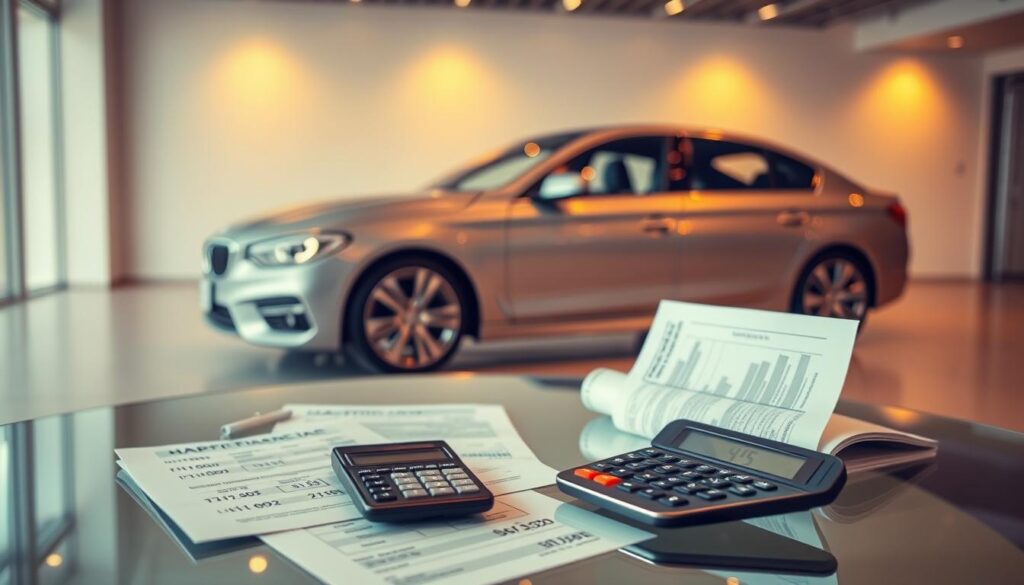 Comparing auto financing options: a sleek sedan parked in a modern showroom, with various financial documents and calculators displayed on a glass table in the foreground. Warm, directional lighting illuminates the scene, creating a professional and informative atmosphere. The background features a minimalist interior design, with clean lines and neutral tones, allowing the key elements to take center stage. The overall composition emphasizes the importance of carefully evaluating different car loan options to find the ideal financing deal.
