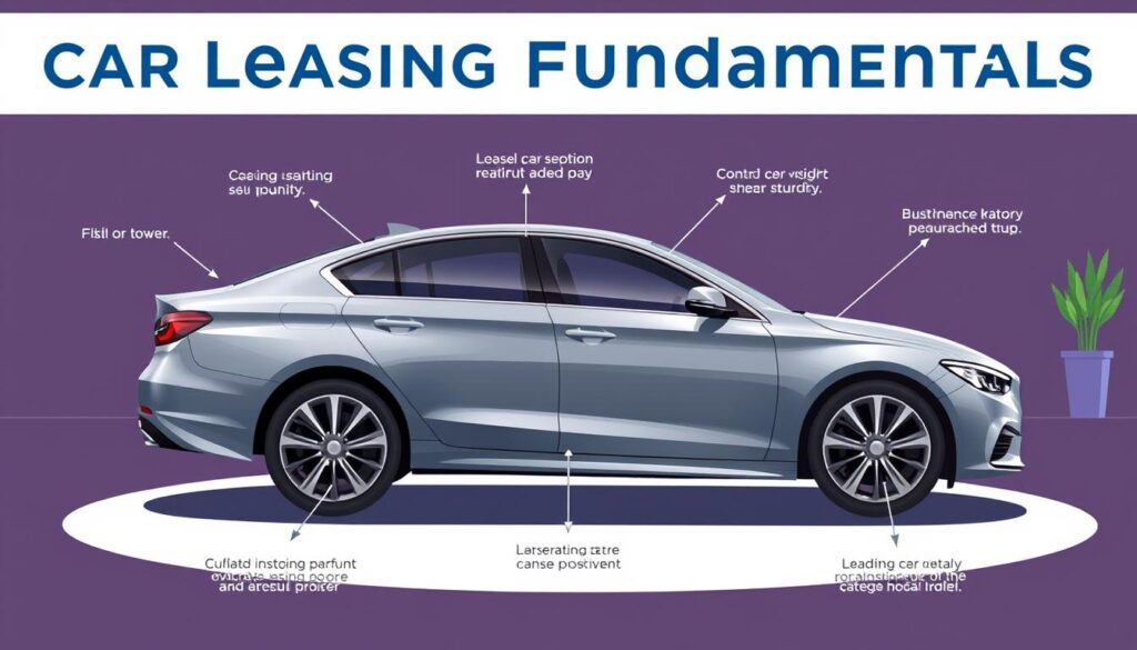 Detailed illustration of car leasing basics, showcasing a sleek, modern sedan in a well-lit, contemporary setting. The vehicle is positioned in the foreground, capturing its elegant lines and polished exterior under soft, warm lighting. The middle ground features a minimalist office space, with a desk, chair, and a laptop open, hinting at the financial and contractual aspects of leasing. The background depicts a city skyline, conveying a sense of urban sophistication. The overall scene is designed to convey the professionalism, convenience, and accessibility of the car leasing process. Detailed illustration of car leasing basics, showcasing a sleek, modern sedan in a well-lit, contemporary setting. The vehicle is positioned in the foreground, capturing its elegant lines and polished exterior under soft, warm lighting. The middle ground features a minimalist office space, with a desk, chair, and a laptop open, hinting at the financial and contractual aspects of leasing. The background depicts a city skyline, conveying a sense of urban sophistication. The overall scene is designed to convey the professionalism, convenience, and accessibility of the car leasing process.