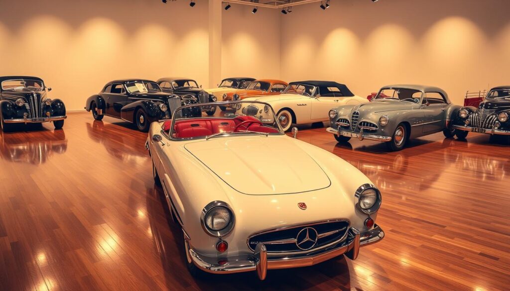 Featured classic cars in a stunning museum setting, meticulously displayed under warm, golden lighting. Vintage coupes, convertibles, and sedans from the 1940s to the 1960s, each a masterpiece of engineering and design. Sleek, chrome-accented bodies gleam against a backdrop of polished hardwood floors and minimalist white walls, creating a sophisticated, gallery-like ambiance. Subtle reflections of the cars dance across the pristine surfaces, capturing the essence of these timeless automotive icons. Visitors can admire the intricate details, from the sculpted fenders to the distinctive grilles, as they immerse themselves in the captivating history of these beloved classic cars. Featured classic cars in a stunning museum setting, meticulously displayed under warm, golden lighting. Vintage coupes, convertibles, and sedans from the 1940s to the 1960s, each a masterpiece of engineering and design. Sleek, chrome-accented bodies gleam against a backdrop of polished hardwood floors and minimalist white walls, creating a sophisticated, gallery-like ambiance. Subtle reflections of the cars dance across the pristine surfaces, capturing the essence of these timeless automotive icons. Visitors can admire the intricate details, from the sculpted fenders to the distinctive grilles, as they immerse themselves in the captivating history of these beloved classic cars.