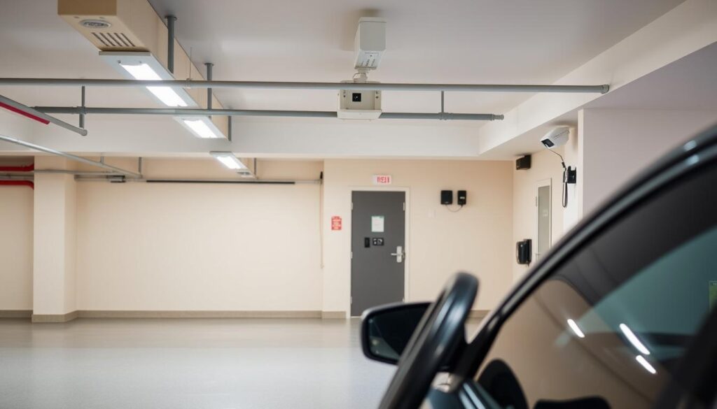 Garage and Parking Safety Measures A well-lit, spacious garage interior with a variety of security features. In the foreground, a car is parked with a steering wheel lock installed. In the middle ground, motion-activated security cameras are mounted on the walls, monitoring the area. In the background, a secure entry system with keypad access controls the entrance to the garage. The overall lighting is bright and evenly distributed, creating a sense of safety and deterrence against potential car thieves. The angle of the shot is slightly elevated, giving a comprehensive view of the scene. Garage and Parking Safety Measures A well-lit, spacious garage interior with a variety of security features. In the foreground, a car is parked with a steering wheel lock installed. In the middle ground, motion-activated security cameras are mounted on the walls, monitoring the area. In the background, a secure entry system with keypad access controls the entrance to the garage. The overall lighting is bright and evenly distributed, creating a sense of safety and deterrence against potential car thieves. The angle of the shot is slightly elevated, giving a comprehensive view of the scene.