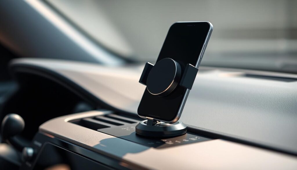 High-quality magnetic phone holder in a modern, sleek design with a metal base and a strong adjustable grip, placed on a minimalist digital dashboard with a simple, elegant interface. The phone is positioned at a slight angle, creating a clean, focused look. The lighting is soft and natural, creating a warm, inviting atmosphere. The whole scene is captured with a sharp, high-resolution lens, highlighting the premium, high-tech feel of the gadget.