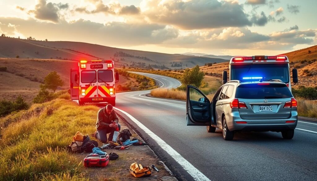 Roadside emergency scene with a disabled vehicle on the shoulder of a winding, rural highway. In the foreground, a distressed driver inspects the engine, surrounded by various tools and safety equipment. The middle ground features a well-equipped emergency response vehicle, its flashing lights illuminating the scene. The background showcases a picturesque countryside landscape, with rolling hills, lush vegetation, and a partially cloudy sky bathed in warm, golden hour lighting. The overall mood evokes a sense of urgency and the need for preparedness, while the technical details aim to capture the scene realistically. Roadside emergency scene with a disabled vehicle on the shoulder of a winding, rural highway. In the foreground, a distressed driver inspects the engine, surrounded by various tools and safety equipment. The middle ground features a well-equipped emergency response vehicle, its flashing lights illuminating the scene. The background showcases a picturesque countryside landscape, with rolling hills, lush vegetation, and a partially cloudy sky bathed in warm, golden hour lighting. The overall mood evokes a sense of urgency and the need for preparedness, while the technical details aim to capture the scene realistically.