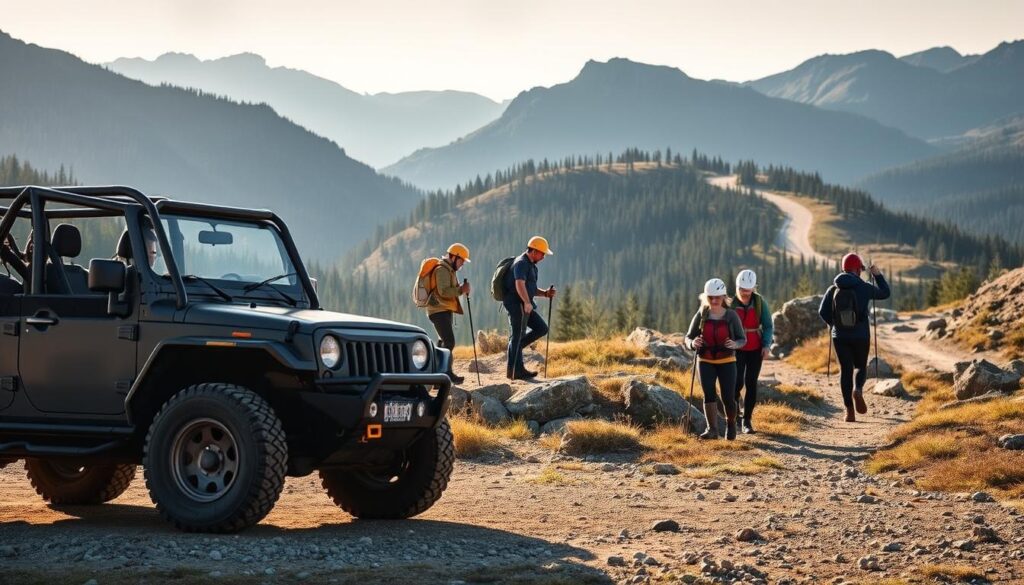 Safety guidelines depicted in a realistic, well-lit scene. In the foreground, a sturdy off-road vehicle with prominent safety features like roll cage and sturdy tires. In the middle ground, several hikers and campers demonstrating proper safety gear and techniques, such as wearing helmets, using trekking poles, and navigating uneven terrain. The background showcases a rugged, picturesque landscape with mountains, forests, and a winding trail leading into the distance. Lighting is natural, with warm tones and soft shadows, creating a sense of adventure and outdoor exploration. The overall atmosphere conveys the importance of safety awareness and responsible off-road driving. Safety guidelines depicted in a realistic, well-lit scene. In the foreground, a sturdy off-road vehicle with prominent safety features like roll cage and sturdy tires. In the middle ground, several hikers and campers demonstrating proper safety gear and techniques, such as wearing helmets, using trekking poles, and navigating uneven terrain. The background showcases a rugged, picturesque landscape with mountains, forests, and a winding trail leading into the distance. Lighting is natural, with warm tones and soft shadows, creating a sense of adventure and outdoor exploration. The overall atmosphere conveys the importance of safety awareness and responsible off-road driving.