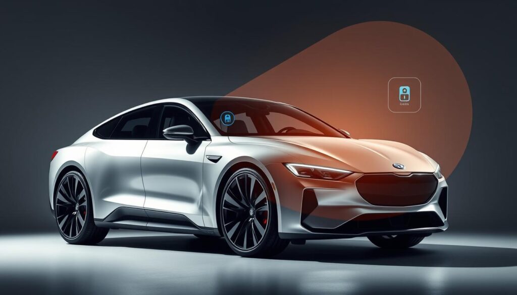 Sleek, futuristic anti-theft system for a high-end vehicle, featuring a multi-layered defense mechanism. In the foreground, a sophisticated keyless entry system with biometric security, seamlessly integrated into the car's body panels. The middle ground showcases a state-of-the-art GPS tracking system, hidden within the vehicle's interior, enabling real-time location monitoring. In the background, a discreet but powerful anti-theft alarm system, triggered by motion sensors and able to send instant alerts to the owner's smartphone. The lighting is sharp, casting dramatic shadows that accentuate the technological prowess of this advanced security setup. The overall atmosphere conveys a sense of cutting-edge innovation, designed to deter and foil even the most sophisticated car thieves. Sleek, futuristic anti-theft system for a high-end vehicle, featuring a multi-layered defense mechanism. In the foreground, a sophisticated keyless entry system with biometric security, seamlessly integrated into the car's body panels. The middle ground showcases a state-of-the-art GPS tracking system, hidden within the vehicle's interior, enabling real-time location monitoring. In the background, a discreet but powerful anti-theft alarm system, triggered by motion sensors and able to send instant alerts to the owner's smartphone. The lighting is sharp, casting dramatic shadows that accentuate the technological prowess of this advanced security setup. The overall atmosphere conveys a sense of cutting-edge innovation, designed to deter and foil even the most sophisticated car thieves.