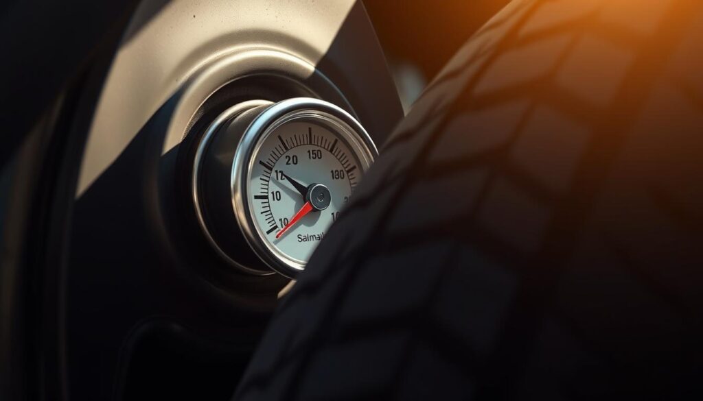 Tire pressure, a crucial factor in car gas mileage, depicted in a realistic, technical illustration. A close-up view of a tire valve stem, with the pressure gauge reading prominently displayed. The tire tread and sidewall are visible in the foreground, showcasing the intricate patterns and textures. The lighting is soft and natural, casting subtle shadows that highlight the depth and dimensionality of the components. The background is blurred, emphasizing the focal point of the tire pressure gauge. The overall atmosphere conveys a sense of importance and attention to detail, reflecting the significance of this often overlooked aspect of vehicle maintenance. Tire pressure, a crucial factor in car gas mileage, depicted in a realistic, technical illustration. A close-up view of a tire valve stem, with the pressure gauge reading prominently displayed. The tire tread and sidewall are visible in the foreground, showcasing the intricate patterns and textures. The lighting is soft and natural, casting subtle shadows that highlight the depth and dimensionality of the components. The background is blurred, emphasizing the focal point of the tire pressure gauge. The overall atmosphere conveys a sense of importance and attention to detail, reflecting the significance of this often overlooked aspect of vehicle maintenance.
