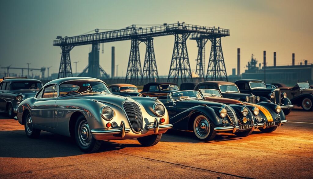 Vintage vehicles art engineering: A timeless fusion of form and function. In the foreground, a sleek, chrome-trimmed classic car, its curves and angles a masterpiece of precision engineering. Mid-ground, a collection of rare vintage automobiles, each a unique work of art, their paintwork and detailing a testament to the skilled hands that crafted them. In the background, the silhouettes of towering industrial structures, a nod to the pioneering spirit that drove the evolution of the automotive industry. Soft, warm lighting bathes the scene, casting a nostalgic glow and evoking a sense of wonder and reverence for the automotive heritage on display. A harmonious blend of past and present, where the beauty of design and the power of innovation converge. Vintage vehicles art engineering: A timeless fusion of form and function. In the foreground, a sleek, chrome-trimmed classic car, its curves and angles a masterpiece of precision engineering. Mid-ground, a collection of rare vintage automobiles, each a unique work of art, their paintwork and detailing a testament to the skilled hands that crafted them. In the background, the silhouettes of towering industrial structures, a nod to the pioneering spirit that drove the evolution of the automotive industry. Soft, warm lighting bathes the scene, casting a nostalgic glow and evoking a sense of wonder and reverence for the automotive heritage on display. A harmonious blend of past and present, where the beauty of design and the power of innovation converge.