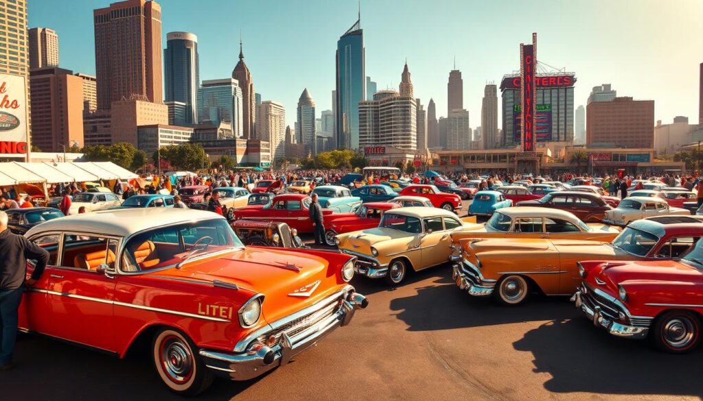 a bustling classic car show set in the heart of a vibrant city, with rows of meticulously restored vintage automobiles gleaming under the warm summer sun. The foreground features a stunning 1957 Chevy Bel Air in its iconic two-tone paint, surrounded by enthusiasts admiring its chrome trim and whitewall tires. In the middle ground, a diverse array of classic cars from the 1940s to the 1970s are arranged in a captivating display, each one a testament to the craftsmanship and passion of its owners. The background is a lively cityscape, with towering skyscrapers and the occasional vintage neon sign adding to the nostalgic atmosphere. The scene is captured with a wide-angle lens, creating a sense of immersion and conveying the scale and energy of this unforgettable car show. a bustling classic car show set in the heart of a vibrant city, with rows of meticulously restored vintage automobiles gleaming under the warm summer sun. The foreground features a stunning 1957 Chevy Bel Air in its iconic two-tone paint, surrounded by enthusiasts admiring its chrome trim and whitewall tires. In the middle ground, a diverse array of classic cars from the 1940s to the 1970s are arranged in a captivating display, each one a testament to the craftsmanship and passion of its owners. The background is a lively cityscape, with towering skyscrapers and the occasional vintage neon sign adding to the nostalgic atmosphere. The scene is captured with a wide-angle lens, creating a sense of immersion and conveying the scale and energy of this unforgettable car show.