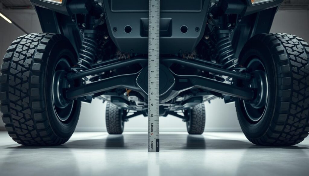 a highly detailed and technical image of a vehicle's ground clearance measurement, with the vehicle's undercarriage and suspension components prominently displayed in the foreground. The vehicle should be positioned on a smooth, level surface, with a technical measurement device or ruler visible, capturing the distance between the ground and the lowest point of the vehicle's frame or underbody. The lighting should be bright and evenly distributed, with a neutral color temperature to emphasize the technical and diagnostic nature of the scene. The background should be clean and uncluttered, with a sense of depth and perspective to showcase the scale and proportions of the vehicle. The overall mood should convey a sense of precision, engineering, and a focus on the vehicle's off-road capabilities. a highly detailed and technical image of a vehicle's ground clearance measurement, with the vehicle's undercarriage and suspension components prominently displayed in the foreground. The vehicle should be positioned on a smooth, level surface, with a technical measurement device or ruler visible, capturing the distance between the ground and the lowest point of the vehicle's frame or underbody. The lighting should be bright and evenly distributed, with a neutral color temperature to emphasize the technical and diagnostic nature of the scene. The background should be clean and uncluttered, with a sense of depth and perspective to showcase the scale and proportions of the vehicle. The overall mood should convey a sense of precision, engineering, and a focus on the vehicle's off-road capabilities.