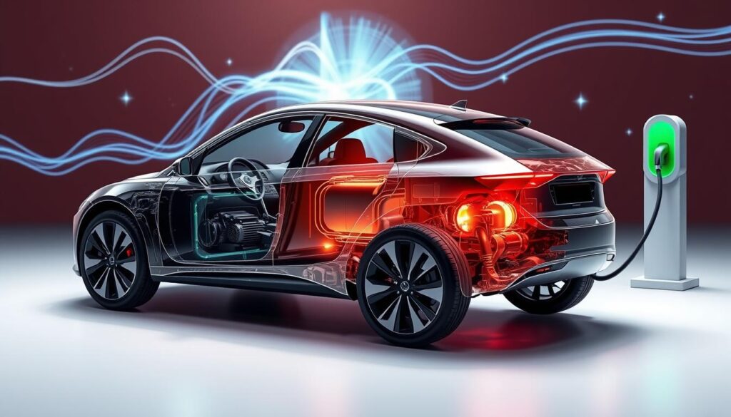 a highly detailed, photorealistic illustration of range charging efficiency for electric cars, showcasing a cutaway view of a vehicle's battery pack, electrical components, and charging port. The foreground features the vehicle's chassis, suspension, and wheels in crisp detail, while the middle ground highlights the inner workings of the battery pack and electric motor, illuminated by soft, directional lighting. The background depicts a stylized power grid or charging station, with flowing energy lines and digital data visualization elements. The overall composition conveys a sense of technical sophistication and visual elegance, effectively communicating the concept of efficient electric vehicle range and charging. a highly detailed, photorealistic illustration of range charging efficiency for electric cars, showcasing a cutaway view of a vehicle's battery pack, electrical components, and charging port. The foreground features the vehicle's chassis, suspension, and wheels in crisp detail, while the middle ground highlights the inner workings of the battery pack and electric motor, illuminated by soft, directional lighting. The background depicts a stylized power grid or charging station, with flowing energy lines and digital data visualization elements. The overall composition conveys a sense of technical sophistication and visual elegance, effectively communicating the concept of efficient electric vehicle range and charging.