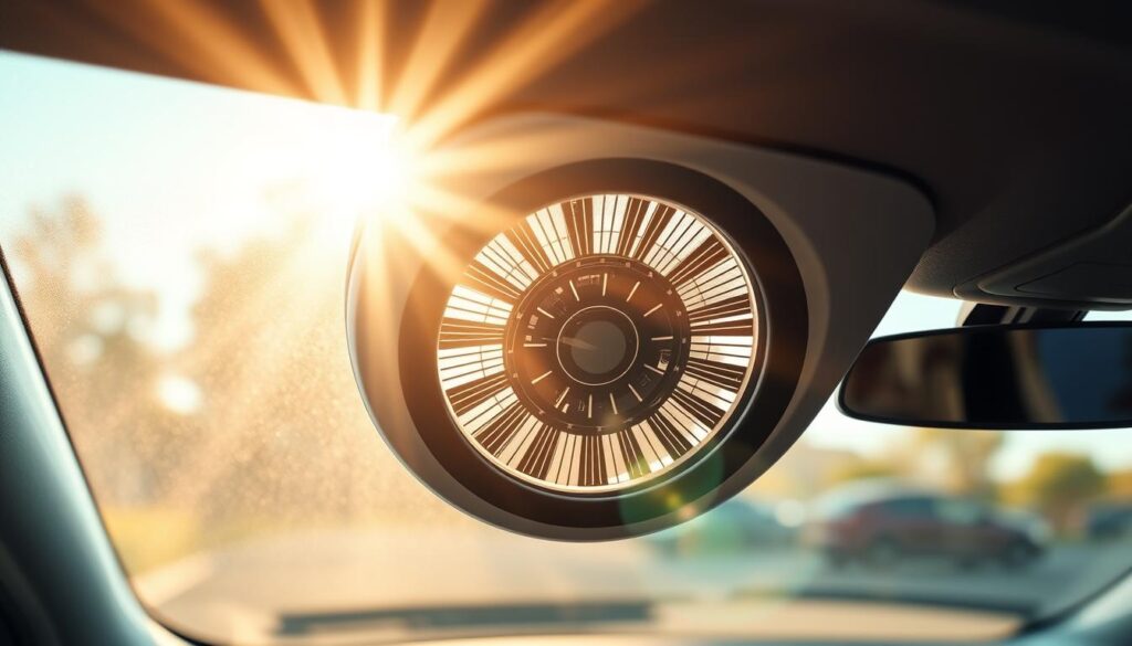 a highly detailed, photorealistic image of a photovoltaic air filtration system installed in the dashboard of a modern electric vehicle. The system features a sleek, streamlined design with a circular air intake vent surrounded by a ring of solar panels that capture energy from the sunlight streaming through the windshield. The air filtration mechanism is visible through a transparent housing, showcasing the intricate engineering that purifies the air and circulates it throughout the cabin. The overall composition emphasizes the integration of solar technology and air quality management, creating a visually striking and environmentally-conscious in-car accessory. The lighting is natural and warm, reflecting the sunlight filtering in, and the perspective is slightly angled to provide a clear view of the system's inner workings. The background is blurred, keeping the focus on the photovoltaic air filtration system as the central subject. a highly detailed, photorealistic image of a photovoltaic air filtration system installed in the dashboard of a modern electric vehicle. The system features a sleek, streamlined design with a circular air intake vent surrounded by a ring of solar panels that capture energy from the sunlight streaming through the windshield. The air filtration mechanism is visible through a transparent housing, showcasing the intricate engineering that purifies the air and circulates it throughout the cabin. The overall composition emphasizes the integration of solar technology and air quality management, creating a visually striking and environmentally-conscious in-car accessory. The lighting is natural and warm, reflecting the sunlight filtering in, and the perspective is slightly angled to provide a clear view of the system's inner workings. The background is blurred, keeping the focus on the photovoltaic air filtration system as the central subject.