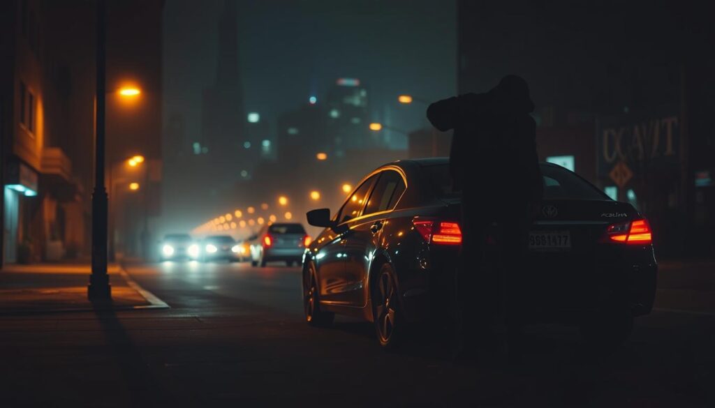 vehicle theft statistics showing a dark urban street at night with a shadowy figure breaking into a parked car, the foreground illuminated by the dim glow of streetlights and the headlights of nearby vehicles, the background obscured by a hazy cityscape, the overall scene conveying a sense of danger and the importance of effective car security systems