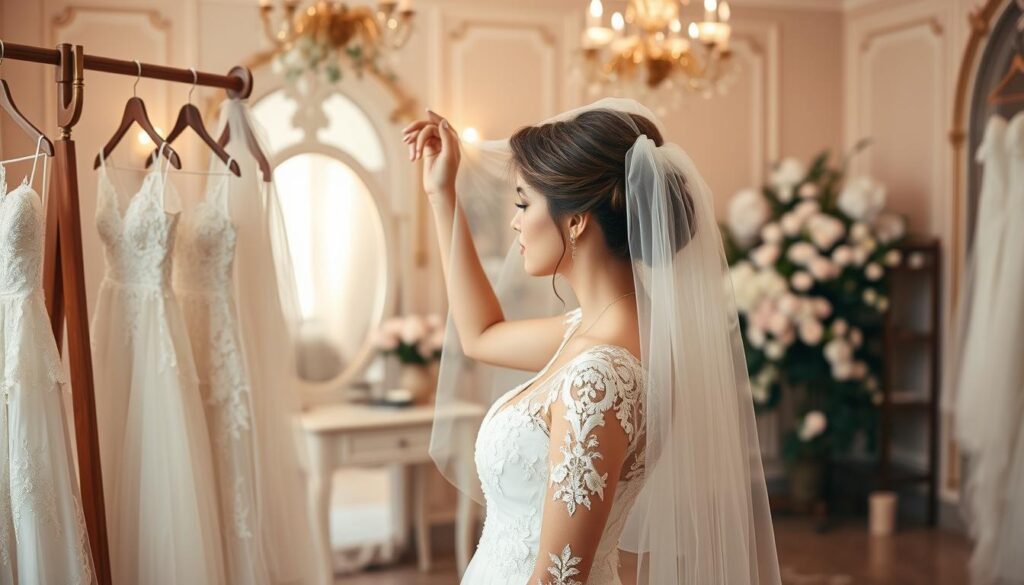 A beautiful bridal salon, featuring a bride in a modest, elegant wedding dress with intricate lace detailing, stands in the foreground. She is carefully examining a selection of delicate wedding veils displayed on a stylish wooden rack. The veils vary in lengths, from birdcage styles to long cascading options, made of soft tulle and adorned with subtle embellishments. In the middle ground, a well-lit vanity mirrors her thoughtful expression as she holds a veil up to her hair, considering how it complements her hairstyle—a classic updo with soft tendrils framing her face. The background features a luxurious, softly blurred interior of the salon, with floral arrangements and soft pastel colors, creating a dreamy, romantic atmosphere. The warm lighting casts a soft glow, enhancing the sense of anticipation and excitement for the perfect wedding day look.