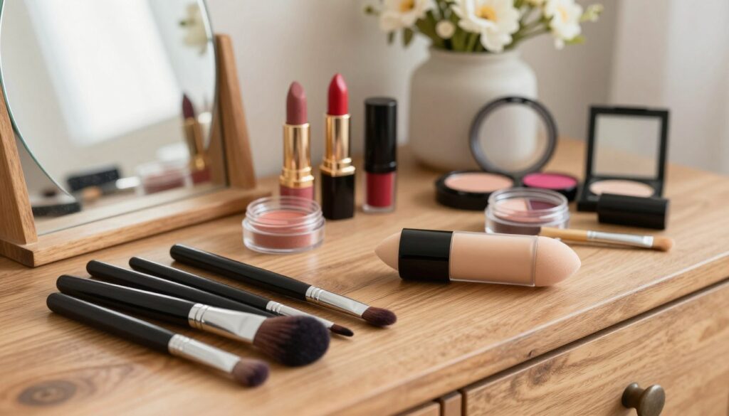 A beautifully arranged collection of makeup application tools on a rustic wooden vanity. In the foreground, there are various brushes of different sizes, a sleek foundation applicator, and a compact mirror reflecting soft natural light. The middle ground features an elegant assortment of lipsticks in vibrant colors nestled next to small containers of eyeshadow, both open and closed, radiating a sense of organization and accessibility. In the background, a delicate floral arrangement creates a warm and inviting atmosphere, complementing the tools. The lighting is bright yet soft, casting gentle shadows that enhance the textures of the tools. The image conveys a relaxed, efficient mood, perfect for a quick and effortless everyday makeup routine. The perspective is slightly angled to capture depth, ensuring a visually appealing composition. A beautifully arranged collection of makeup application tools on a rustic wooden vanity. In the foreground, there are various brushes of different sizes, a sleek foundation applicator, and a compact mirror reflecting soft natural light. The middle ground features an elegant assortment of lipsticks in vibrant colors nestled next to small containers of eyeshadow, both open and closed, radiating a sense of organization and accessibility. In the background, a delicate floral arrangement creates a warm and inviting atmosphere, complementing the tools. The lighting is bright yet soft, casting gentle shadows that enhance the textures of the tools. The image conveys a relaxed, efficient mood, perfect for a quick and effortless everyday makeup routine. The perspective is slightly angled to capture depth, ensuring a visually appealing composition.
