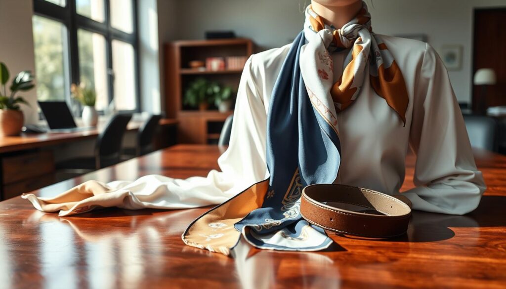 A beautifully arranged collection of sophisticated silk scarves in a variety of elegant patterns—floral, geometric, and abstract—displayed artistically on a polished mahogany table. In the foreground, a crisp white blouse with a delicate silk scarf elegantly draped around the neck, showcasing a smart and professional look. The middle ground features a stylish belt subtly coiled next to the scarves, adding sophistication. Soft natural light floods in from a nearby window, enhancing the vibrant colors and soft textures of the scarves, while creating gentle shadows that add depth. The background is an airy office space with minimalistic decor, exuding a calm and focused atmosphere, perfect for a productive workspace. The overall mood conveys elegance, professionalism, and a touch of creativity.