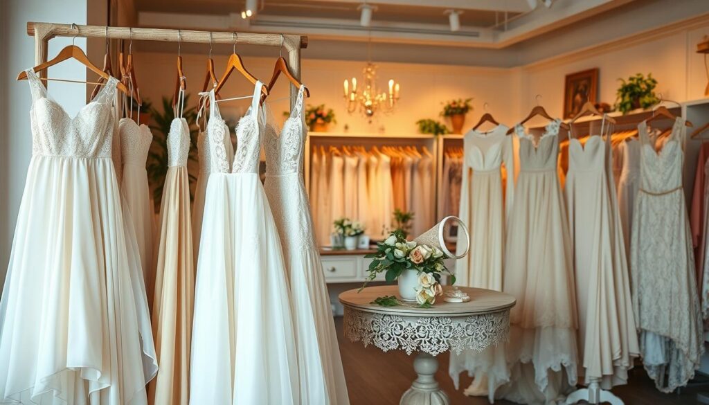 A beautifully arranged display of affordable wedding dress options, showcasing a variety of styles and fabrics. In the foreground, several elegant wedding dresses hang on a vintage wooden rack, featuring designs like flowing A-line, chic sheaths, and bohemian lace. The garments are adorned with intricate details, soft fabrics, and varying shades of white, ivory, and blush. In the middle ground, a table is set with delicate floral arrangements and accessories such as veils and hairpieces, evoking a sense of bridal elegance. The background features a softly lit bridal boutique atmosphere, with pastel-colored walls and tasteful decor, creating an inviting ambiance. Use warm, natural lighting to enhance the soft textures of the dresses, captured with a slightly shallow depth of field to emphasize the dresses while maintaining a dreamy, romantic mood.