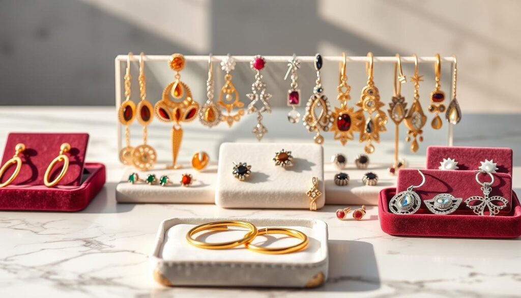 A beautifully arranged display of different earring styles showcased on a sleek, white marble surface, capturing a variety of designs including hoop earrings, dangling chandeliers, studs, and intricately designed ear cuffs. The foreground highlights a bright pair of gold hoops and silver stud earrings on elegant velvet trays, while the middle section features colorful gemstones and minimalist designs. The background is softly blurred to emphasize the earring details and create a sense of depth. Warm, natural lighting illuminates the pieces, enhancing their shine while casting subtle shadows, conveying a feeling of elegance and sophistication. The overall mood is inviting and stylish, perfect for showcasing the artistry of earrings in a contemporary setting.