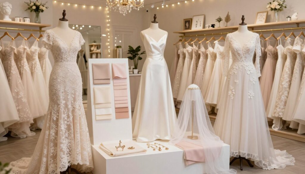 A beautifully arranged display of diverse affordable wedding dress options for budget-conscious brides. In the foreground, feature three elegant wedding dresses on mannequins: a vintage lace gown with short sleeves, a simple satin A-line dress, and a bohemian-style flowy gown adorned with delicate floral appliques. In the middle, include swatches of fabric in various shades of ivory, blush, and soft pastels, alongside wedding accessories like a simple veil and understated jewelry. The background showcases a light and airy bridal boutique, lined with soft fairy lights and pale wooden shelves filled with additional dress options and stylish wedding décor. Use warm, inviting lighting to create a romantic atmosphere, capturing the essence of smart, budget-friendly choices without compromising on style. The camera angle should be slightly elevated, providing a wide view of the entire setting.
