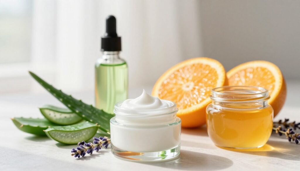 A beautifully arranged display of key skincare ingredients for healthy skin, featuring elegant glass containers filled with vibrant colors reflecting natural elements. In the foreground, highlight a jar of creamy moisturizer, a bottle of green tea extract, and a pot of honey. In the middle, include fresh aloe vera leaves, bright oranges, and delicate lavender sprigs, emphasizing the natural aspect of skincare. The background features a serene, soft-focus setting with gentle sunlight filtering through sheer curtains, illuminating the products harmoniously. The atmosphere is calm and inviting, embodying a sense of purity and rejuvenation. Use a shallow depth of field to create a dreamy effect, emphasizing the textures and colors of the ingredients while maintaining a clean, minimalist aesthetic. A beautifully arranged display of key skincare ingredients for healthy skin, featuring elegant glass containers filled with vibrant colors reflecting natural elements. In the foreground, highlight a jar of creamy moisturizer, a bottle of green tea extract, and a pot of honey. In the middle, include fresh aloe vera leaves, bright oranges, and delicate lavender sprigs, emphasizing the natural aspect of skincare. The background features a serene, soft-focus setting with gentle sunlight filtering through sheer curtains, illuminating the products harmoniously. The atmosphere is calm and inviting, embodying a sense of purity and rejuvenation. Use a shallow depth of field to create a dreamy effect, emphasizing the textures and colors of the ingredients while maintaining a clean, minimalist aesthetic.