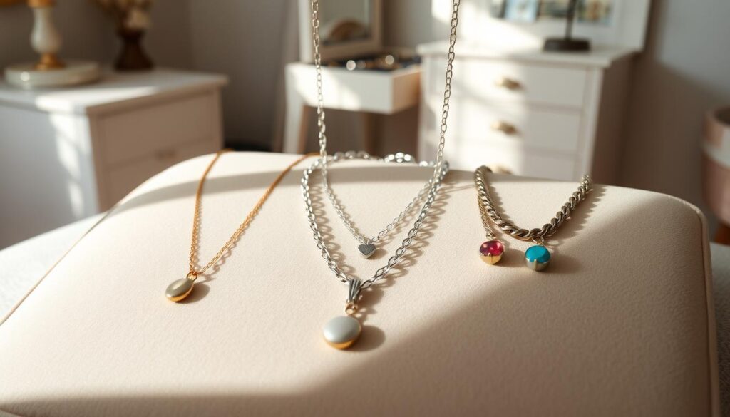 A beautifully arranged display of layered necklaces, showcasing elegant designs and styles. In the foreground, three necklaces are gracefully draped over a simple, neutral-colored velvet surface, each varying in length and texture; a delicate gold pendant necklace, a chunky silver chain, and a colorful gemstone piece. In the middle, soft natural lighting casts gentle shadows, highlighting the intricate details of each necklace. In the background, a softly blurred dressing table can be seen with minimalistic jewelry storage, enhancing the focus on the necklaces. The overall atmosphere is chic and sophisticated, evoking a sense of style and expertise in jewelry layering techniques. The angle is a slightly elevated view, emphasizing the beauty and arrangement of the necklaces without any human subjects or distractions.