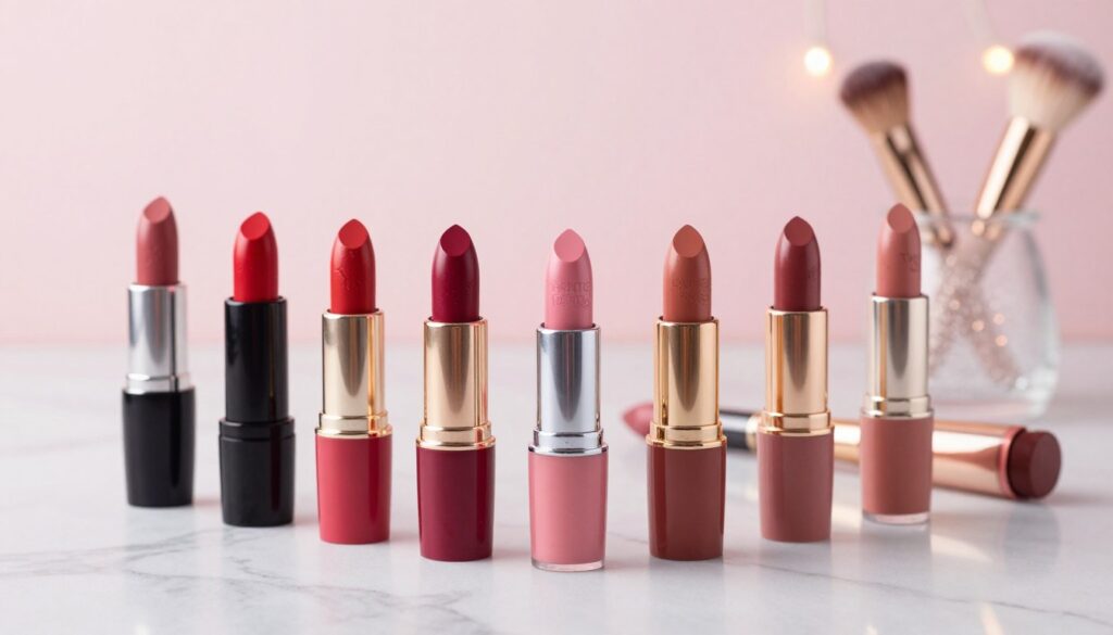 A beautifully arranged display of lipstick shades specifically for cool undertones, showcasing a variety of hues such as berry reds, soft pinks, and cool nudes. In the foreground, a selection of lipsticks stands upright against a elegant marble surface, glistening under soft diffuse lighting that enhances their creamy textures. The middle ground features a shimmering glass cosmetic container and a delicate makeup brush, both subtly reflecting the shades of lipstick around them. The background is a softly blurred pastel hue, evoking a serene and sophisticated atmosphere, accentuated by gentle bokeh lights. The overall mood is inviting and fresh, ideal for those exploring fabulous lipstick choices for cool undertones. A beautifully arranged display of lipstick shades specifically for cool undertones, showcasing a variety of hues such as berry reds, soft pinks, and cool nudes. In the foreground, a selection of lipsticks stands upright against a elegant marble surface, glistening under soft diffuse lighting that enhances their creamy textures. The middle ground features a shimmering glass cosmetic container and a delicate makeup brush, both subtly reflecting the shades of lipstick around them. The background is a softly blurred pastel hue, evoking a serene and sophisticated atmosphere, accentuated by gentle bokeh lights. The overall mood is inviting and fresh, ideal for those exploring fabulous lipstick choices for cool undertones.