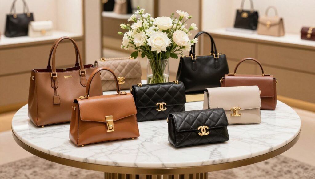 A beautifully arranged display of luxury handbags neatly curated on a polished marble table. In the foreground, showcase a selection of designer handbags in an array of colors and textures, including a sleek leather tote, a quilted crossbody, and an elegant clutch, all with their hardware shimmering under soft, diffused lighting. The middle ground features a delicate glass vase with fresh flowers that complement the handbags, adding an element of sophistication. In the background, a soft-focus elegant boutique ambiance with plush carpets and chic decor creates a warm, inviting atmosphere. The overall mood is one of luxury and refinement, captured from a slightly elevated angle to emphasize the artistry of the handbag arrangement. No human subjects are present, ensuring a pristine focus on the bags themselves. A beautifully arranged display of luxury handbags neatly curated on a polished marble table. In the foreground, showcase a selection of designer handbags in an array of colors and textures, including a sleek leather tote, a quilted crossbody, and an elegant clutch, all with their hardware shimmering under soft, diffused lighting. The middle ground features a delicate glass vase with fresh flowers that complement the handbags, adding an element of sophistication. In the background, a soft-focus elegant boutique ambiance with plush carpets and chic decor creates a warm, inviting atmosphere. The overall mood is one of luxury and refinement, captured from a slightly elevated angle to emphasize the artistry of the handbag arrangement. No human subjects are present, ensuring a pristine focus on the bags themselves.