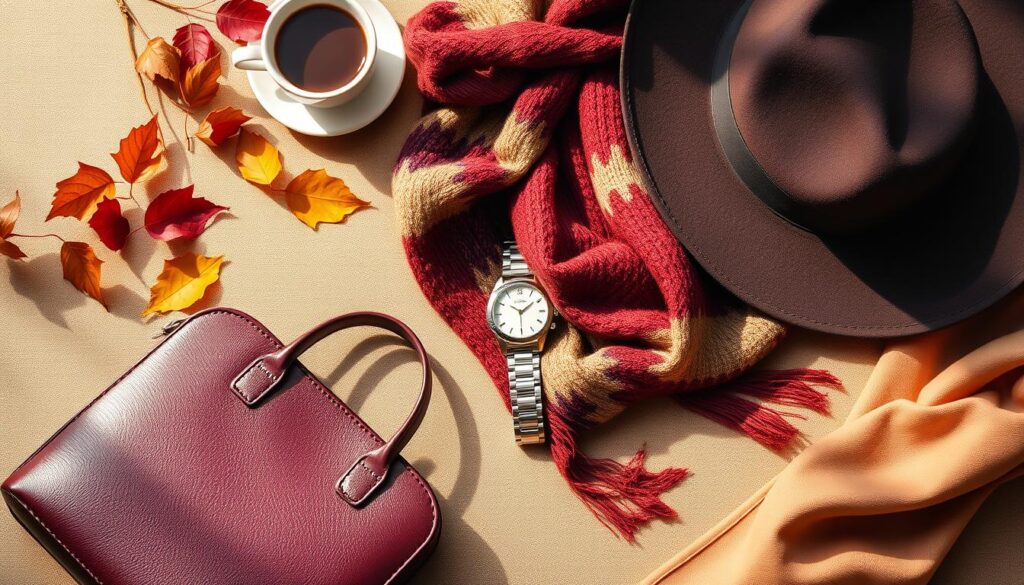 A beautifully arranged flat lay featuring a selection of stylish accessories that enhance an outfit for the fall season. In the foreground, showcase an elegant leather handbag in a rich burgundy color, accompanied by a delicate pair of gold hoop earrings and a warm knitted scarf with autumnal patterns. In the middle, display a statement watch with a metallic finish and a classy wide-brimmed felt hat, all arranged on a soft, textured fabric background in earthy tones. The background should include hints of fall leaves and a faintly blurred coffee cup to create a cozy atmosphere. Soft, natural lighting should illuminate the scene, casting gentle shadows to evoke a warm, inviting mood. Aim for an artistic yet polished composition, with the focus on the accessories that elevate an outfit.