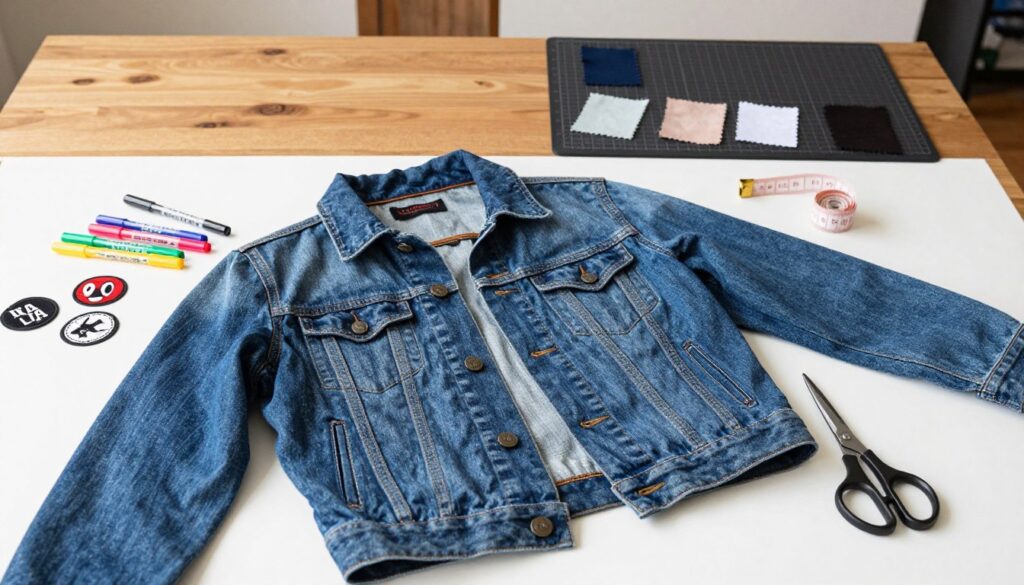 A beautifully arranged flat lay of denim jacket preparation steps, set against a simple white background. In the foreground, a well-worn blue denim jacket is placed open, showcasing its inner seams and fabric texture. Surrounding the jacket are various customization tools: a pair of colorful fabric paint pens, patches of different designs, a pair of scissors, and a measuring tape. In the middle ground, a wooden table can be seen with a cutting mat and small swatches of different fabrics for added decoration. The background features soft, diffused natural lighting to create a warm atmosphere, emphasizing the creativity of the customization process. The camera angle is slightly above eye level, capturing all elements in a well-rounded composition.