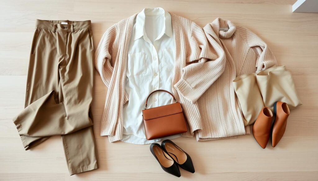 A beautifully arranged flat lay of planned capsule wardrobe outfits, showcasing a selection of versatile clothing items in neutral tones and soft pastels. The foreground features a stylish mix of timeless pieces, including tailored trousers, a classic white button-up shirt, a cozy cardigan, and elegant footwear, artfully placed on a light wooden surface. In the middle, accessories such as a minimalist watch, a fashionable tote bag, and delicate jewelry are strategically included to enhance the outfits. The background softly blurs, suggesting a well-organized closet, with subtle lighting that creates a warm, inviting atmosphere. The overall mood is calm and sophisticated, reflecting a mindful approach to personal style and outfit planning, perfect for daily life while emphasizing sustainability and versatility.