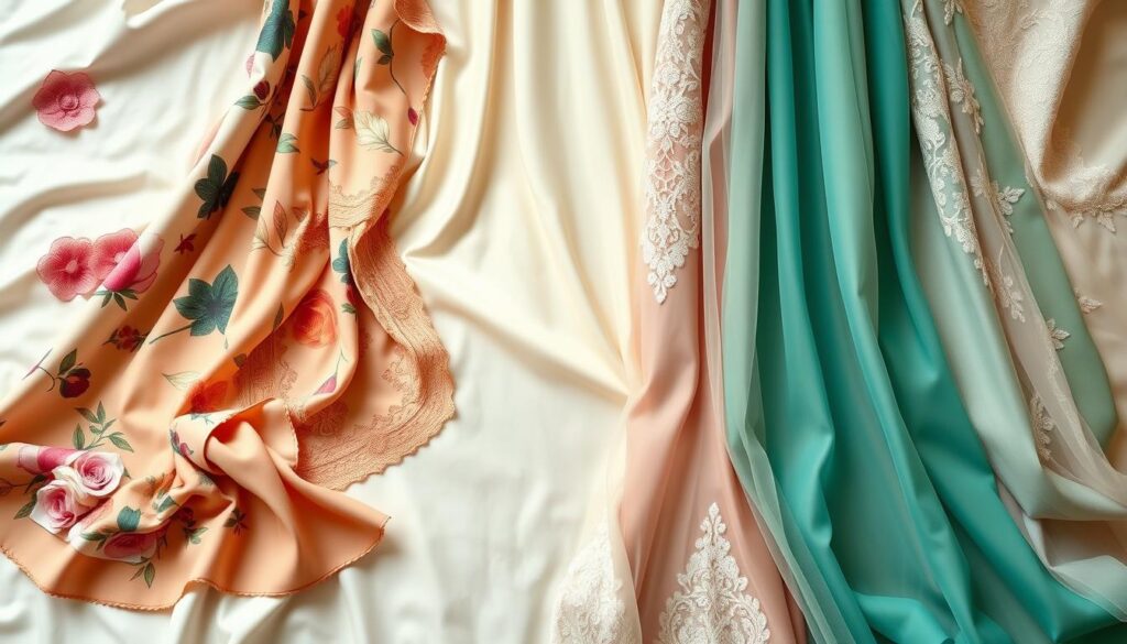 A beautifully arranged flat lay of trendy bridesmaid dress patterns and textures, showcasing a variety of chic fabrics and designs. In the foreground, colorful swatches featuring floral prints, geometric patterns, and elegant lace textures are elegantly draped over a soft, ivory silk backdrop. The middle ground highlights different fabric styles, including satin, chiffon, and tulle, each in serene pastel shades and rich jewel tones. In the background, a hint of natural light filters through a sheer curtain, creating a warm, inviting atmosphere. Emphasize harmony and style in the composition, with an overall soft focus that accentuates the delicate patterns and luxurious textures, ideal for a modern wedding aesthetic.