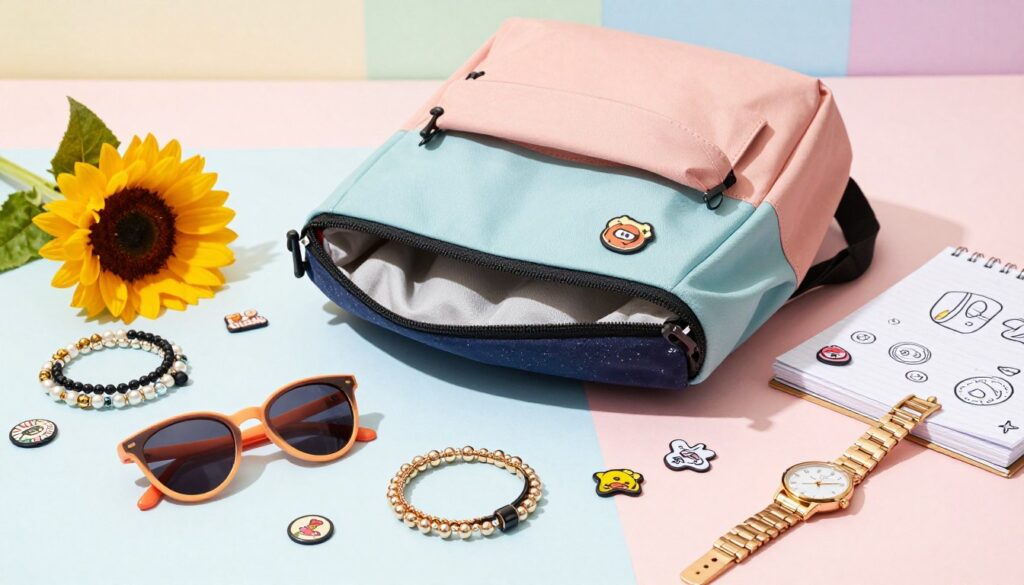 A beautifully arranged flat lay of trendy teen accessories, showcasing a vibrant assortment. In the foreground, place stylish sunglasses with colorful frames, layered bracelets, and a chic watch. The middle layer features an open backpack with pastel shades, surrounded by a variety of pins and patches. Add a fresh sunflower and a sketchbook with doodles, hinting at creativity and individuality. The background should consist of a soft, blurred pastel-colored surface to evoke a youthful and cheerful atmosphere. Use natural lighting to create soft shadows, enhancing textures and colors. Ensure a balanced composition that reflects a fun yet organized vibe, capturing the essence of must-have accessories for teens.