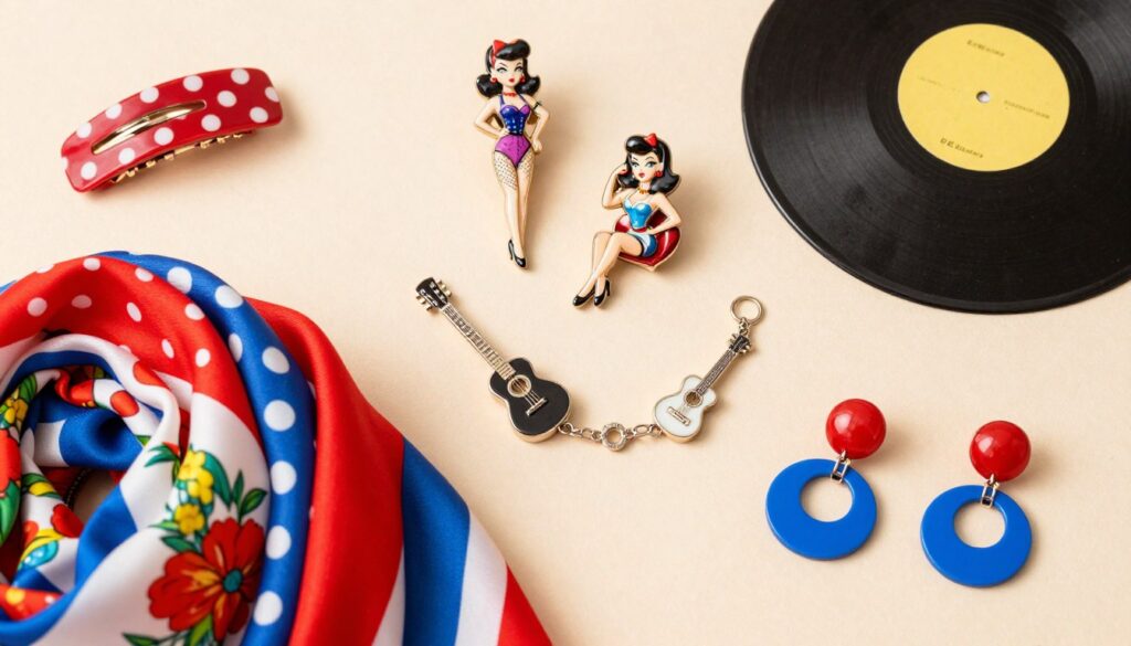 A beautifully arranged flat lay showcasing rockabilly hair accessories and jewelry. In the foreground, display an assortment of vibrant hair scarves, retro hair clips adorned with polka dots and floral patterns, and bold statement earrings in classic colors like cherry red and electric blue. In the middle ground, incorporate vintage-inspired brooches shaped like pin-up girls and vinyl records, along with a delicate charm bracelet featuring miniature guitars and rockabilly motifs. The background should feature a softly textured pastel surface to enhance the colorful accessories, illuminated by warm, diffused lighting that evokes a nostalgic vibe. Capture this scene from a top-down angle, creating an inviting and playful atmosphere that embodies the spirit of rockabilly fashion. A beautifully arranged flat lay showcasing rockabilly hair accessories and jewelry. In the foreground, display an assortment of vibrant hair scarves, retro hair clips adorned with polka dots and floral patterns, and bold statement earrings in classic colors like cherry red and electric blue. In the middle ground, incorporate vintage-inspired brooches shaped like pin-up girls and vinyl records, along with a delicate charm bracelet featuring miniature guitars and rockabilly motifs. The background should feature a softly textured pastel surface to enhance the colorful accessories, illuminated by warm, diffused lighting that evokes a nostalgic vibe. Capture this scene from a top-down angle, creating an inviting and playful atmosphere that embodies the spirit of rockabilly fashion.