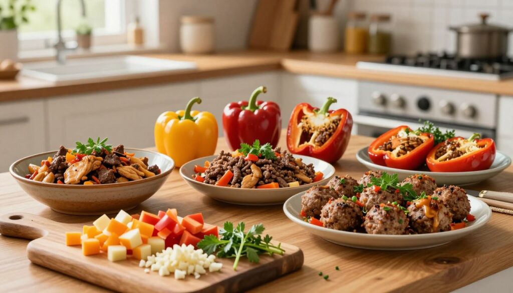 A beautifully arranged kitchen scene featuring an array of creative recipes using ground beef and chicken. In the foreground, showcase a wooden chopping board with neatly diced vegetables, minced garlic, and sprigs of fresh herbs. In the middle, present an array of colorful dishes: a savory beef and chicken stir-fry served in a rustic bowl, hearty stuffed bell peppers, and a tantalizing chicken and beef meatball platter, garnished with vibrant herbs. In the background, a warm, inviting kitchen ambiance with soft natural light filtering through a window, highlighting the textures of the food and wooden surfaces. The atmosphere is cozy and homely, evoking a sense of family meal preparation. Use a slightly elevated angle to capture the delicious details and vibrant colors of the dishes, ensuring no text or distractions are present.
