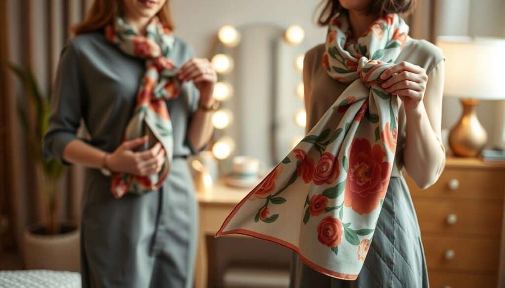 A beautifully arranged scene demonstrating styling steps for a silk scarf. In the foreground, feature a neatly draped silk scarf in a vibrant floral pattern, with hands elegantly demonstrating each fold and twist, dressed in modest casual clothing. The middle ground includes a soft, glowing light that highlights the texture of the silk, creating an inviting sheen. In the background, a simple, blurred dressing table adorned with a stylish mirror and a few accessories, enhancing the focus on the scarf styling process. The atmosphere is warm and inviting, evoking a sense of elegance and creativity, perfect for showcasing how a silk scarf can elevate any outfit. A beautifully arranged scene demonstrating styling steps for a silk scarf. In the foreground, feature a neatly draped silk scarf in a vibrant floral pattern, with hands elegantly demonstrating each fold and twist, dressed in modest casual clothing. The middle ground includes a soft, glowing light that highlights the texture of the silk, creating an inviting sheen. In the background, a simple, blurred dressing table adorned with a stylish mirror and a few accessories, enhancing the focus on the scarf styling process. The atmosphere is warm and inviting, evoking a sense of elegance and creativity, perfect for showcasing how a silk scarf can elevate any outfit.