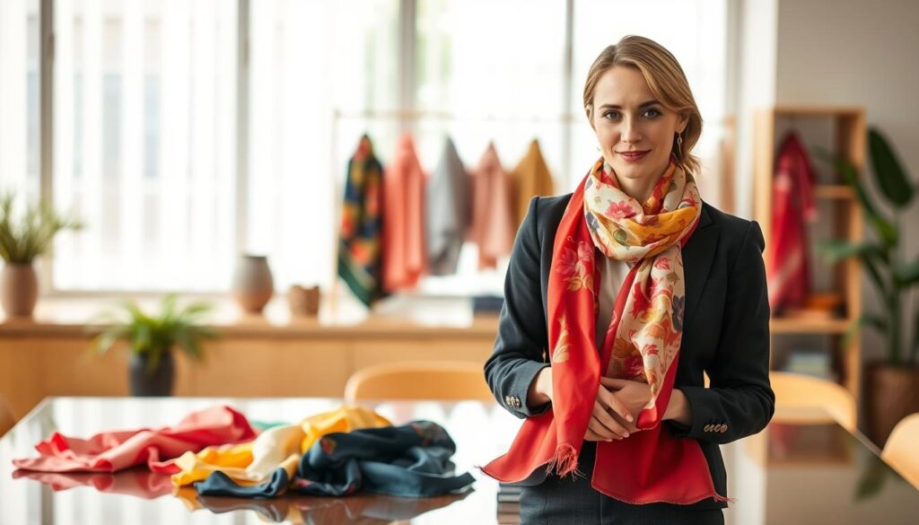 A beautifully arranged scene showcasing seasonal silk scarf styling, featuring a model dressed in professional business attire. In the foreground, the model elegantly drapes a vibrant spring scarf with floral patterns around her neck, her expression conveying confidence and sophistication. In the middle ground, showcase a polished table with an array of silk scarves in different seasonal colors — soft pastels for spring, bright colors for summer, rich earth tones for autumn, and deep hues for winter. The background should be softly blurred, hinting at a cozy indoor setting with natural light streaming through a large window, creating a warm and inviting atmosphere. Use a portrait lens to capture intimate details, while the overall mood should feel fresh, stylish, and inspiring for readers looking to enhance their scarf styling skills throughout the year. A beautifully arranged scene showcasing seasonal silk scarf styling, featuring a model dressed in professional business attire. In the foreground, the model elegantly drapes a vibrant spring scarf with floral patterns around her neck, her expression conveying confidence and sophistication. In the middle ground, showcase a polished table with an array of silk scarves in different seasonal colors — soft pastels for spring, bright colors for summer, rich earth tones for autumn, and deep hues for winter. The background should be softly blurred, hinting at a cozy indoor setting with natural light streaming through a large window, creating a warm and inviting atmosphere. Use a portrait lens to capture intimate details, while the overall mood should feel fresh, stylish, and inspiring for readers looking to enhance their scarf styling skills throughout the year.