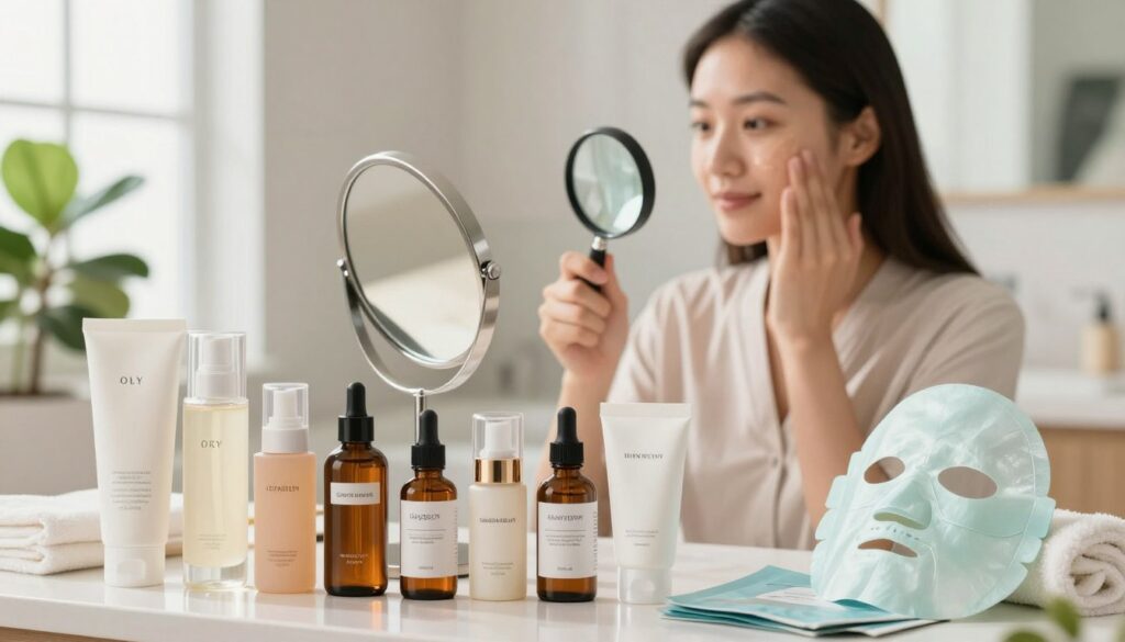 A beautifully arranged skincare setup showcasing the process of identifying skin types. In the foreground, a diverse collection of skincare products is neatly displayed, including moisturizers, serums, and masks, each labelled for oily, dry, combination, and sensitive skin. In the middle ground, a person (of Asian descent) in professional, modest attire examines their skin in a well-lit mirror, holding a magnifying glass, with focus on their skin texture. The background features a softly lit bathroom ambiance with plants and soft towels, creating a soothing atmosphere. Natural light filters through a window, enhancing the warm tones of the scene. The overall mood is calm, informative, and inviting, suitable for a skincare guide illustration. A beautifully arranged skincare setup showcasing the process of identifying skin types. In the foreground, a diverse collection of skincare products is neatly displayed, including moisturizers, serums, and masks, each labelled for oily, dry, combination, and sensitive skin. In the middle ground, a person (of Asian descent) in professional, modest attire examines their skin in a well-lit mirror, holding a magnifying glass, with focus on their skin texture. The background features a softly lit bathroom ambiance with plants and soft towels, creating a soothing atmosphere. Natural light filters through a window, enhancing the warm tones of the scene. The overall mood is calm, informative, and inviting, suitable for a skincare guide illustration.