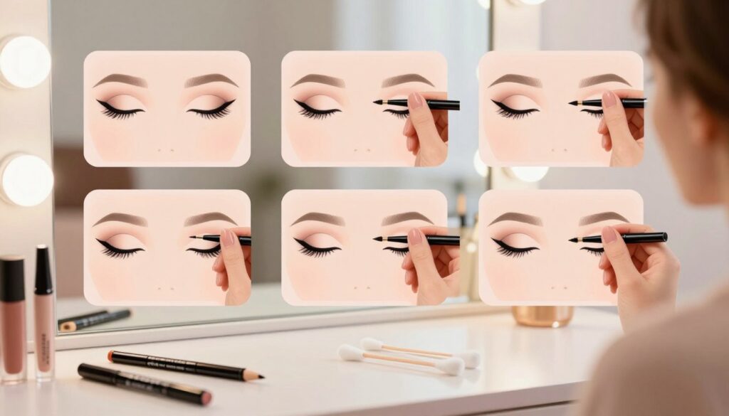 A beautifully arranged step-by-step illustration of the winged eyeliner application process. In the foreground, display a sleek vanity table with various makeup tools: an eyeliner pencil, liquid eyeliner, and cotton swabs. Each step will be represented by a clear, close-up view of an elegantly manicured hand applying eyeliner, showcasing the precise techniques for perfect wings. The middle layer presents a soft-focus mirror reflecting the outlines of the eyes in different stages of makeup application. In the background, incorporate gentle lighting, reminiscent of a well-lit makeup studio, exuding a warm and inviting atmosphere. The color palette should consist of soft pastels to enhance the uplifting mood, ensuring the overall composition is visually appealing and informative, without any text or intrusive elements.