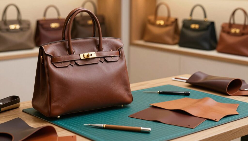 A beautifully arranged still life composition showcasing the craftsmanship of authentic designer bags. In the foreground, a high-quality leather handbag with intricate stitching, polished metal hardware, and a rich, deep color palette. The middle ground features tools of the trade—precision needles, luxurious leather swatches, and a cutting mat, all highlighting the artisanal process. In the background, softly blurred shelves display a variety of finished designer bags in elegant colors and textures, creating an ambiance of luxury and expertise. The lighting is warm and inviting, with soft shadows to accentuate the materials and textures. The overall mood is sophisticated and inspiring, emphasizing the artistry and attention to detail in authentic bag design. Capture the image from a slightly elevated angle to enhance depth and focus on the craftsmanship.