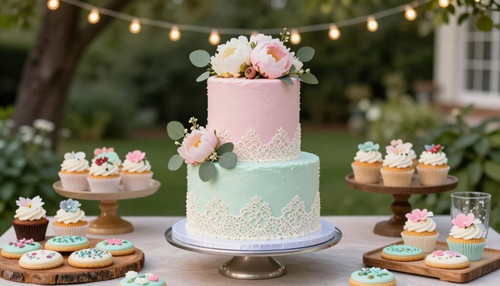 A beautifully crafted DIY wedding cake stands at the forefront, layered with soft pastel colors of pink and mint green, adorned with fresh flowers like delicate peonies and whimsical eucalyptus. The cake showcases intricate piping designs that mimic lace, creating an elegant yet approachable look. Surrounding the cake, there are charming handmade desserts like cupcakes and cookies decorated with edible glitter and floral motifs, arranged on rustic wooden platters. In the background, a softly lit outdoor garden setting with fairy lights twinkling above adds a magical atmosphere. The scene is captured with a warm, natural light that enhances the colors and textures, using a shallow depth of field to focus on the cake while softly blurring the lush greenery behind it, creating a romantic and inviting mood perfect for a budget-friendly wedding celebration.