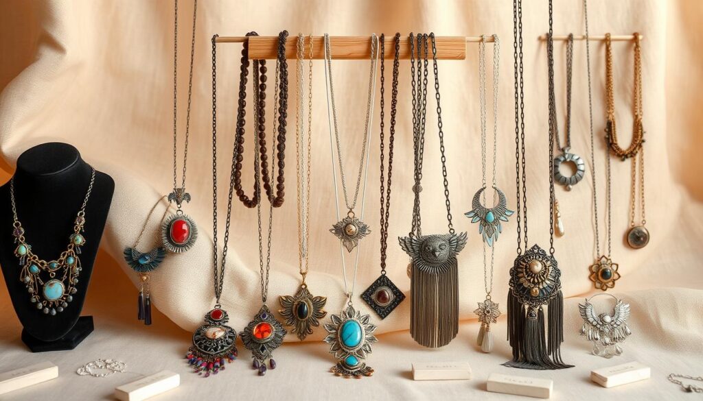A beautifully curated collection of statement necklaces displayed artfully on a soft, textured beige fabric backdrop. In the foreground, various necklaces featuring vibrant gemstones, intricate metalwork, and unique designs, showcasing a range of styles from bohemian to modern chic. The middle ground highlights a delicate wooden jewelry stand, elegantly presenting several necklaces draped to enhance their visual appeal. The background is softly blurred with a gentle, warm light that creates an inviting and inspirational atmosphere, reminiscent of a stylish boutique. The scene is captured with a shallow depth of field, using a 50mm lens to draw attention to the exquisite details of each necklace while keeping the surrounding softly focused. The overall mood is elegant and sophisticated, perfect for showcasing the art of accessorizing.