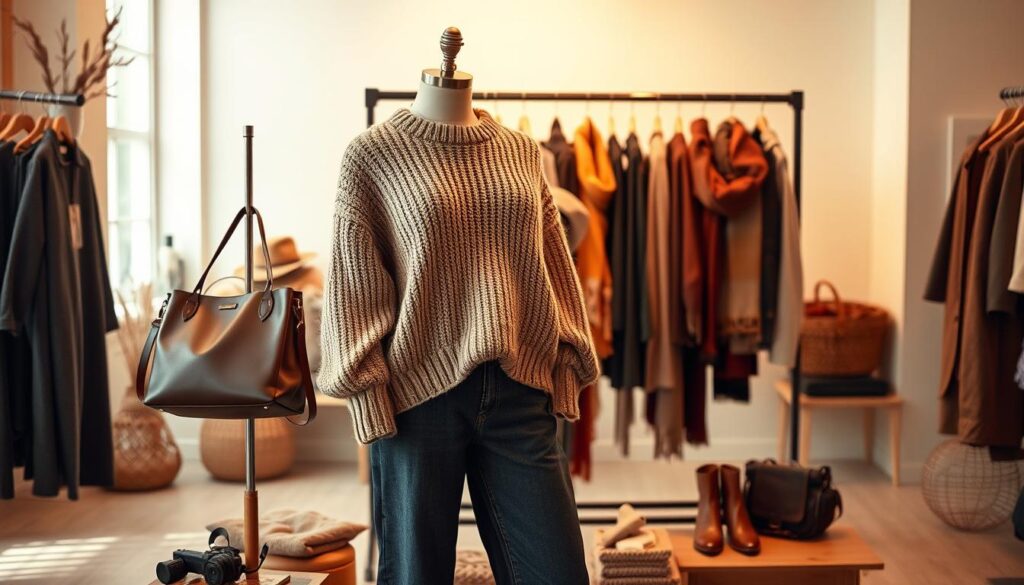 A beautifully curated display of a sustainable fall wardrobe, featuring a mannequin in the foreground dressed in a cozy, oversized knit sweater made from organic wool in earthy tones, paired with high-waisted, recycled denim trousers. Nearby, a variety of accessories such as a vegan leather crossbody bag and a pair of eco-friendly ankle boots are artfully arranged. In the middle section, a wooden rack holds a selection of sustainable scarves and hats, showcasing rich autumn colors. In the background, a softly-lit, neutral-toned setting with warm, natural lighting enhances the inviting atmosphere, reminiscent of a cozy boutique. The overall mood is warm and inviting, promoting eco-conscious fashion choices while highlighting fall aesthetics, perfectly blending style and sustainability.
