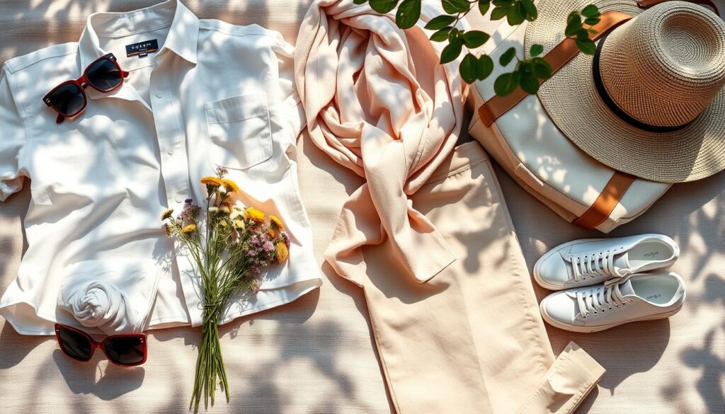 A beautifully curated flat lay of essential wardrobe staples for summer fashion, including a light linen shirt, tailored chinos, stylish sneakers, oversized sunglasses, a canvas tote bag, and a classic sunhat. The foreground features these items artfully arranged on a soft, natural fabric backdrop, while a fresh bouquet of wildflowers adds a touch of color. In the middle, a gently folded lightweight cardigan and a pastel-colored scarf create visual layers. The background showcases a sunny outdoor setting with soft sunlight filtering through leaves, casting dappled shadows. The mood is relaxed and inviting, highlighting the essence of a fashion-forward summer. Shot with a shallow depth of field to emphasize the wardrobe staples, this image evokes a sense of effortless style and seasonal warmth.