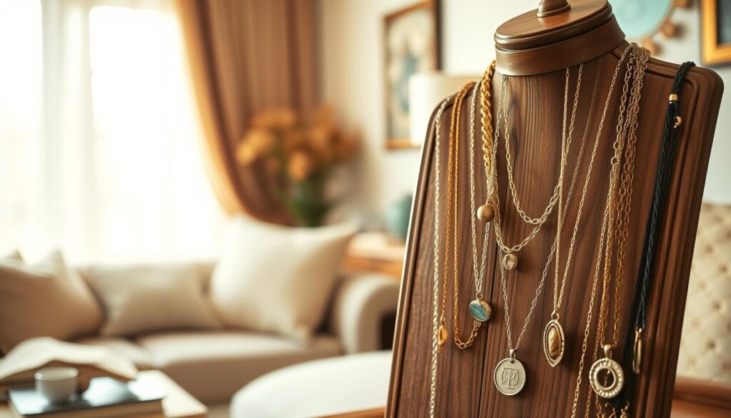 A beautifully curated necklace collection elegantly arranged on a vintage wooden display stand. In the foreground, various necklaces are layered to showcase a mix of delicate chains, statement pieces, and personalized charms, featuring materials like gold, silver, and gemstones that catch the light. In the middle ground, a soft-focus blurred background reveals a cozy and stylish room with neutral-toned walls and plush textiles, enhancing the intimate atmosphere. Warm, natural light filters through sheer curtains, illuminating the necklaces and casting gentle shadows. The mood is inviting and sophisticated, making it a perfect visual representation of a cohesive and personalized accessory collection. Capture this scene from a slightly elevated angle to provide depth and focus on the intricate details of the necklaces.