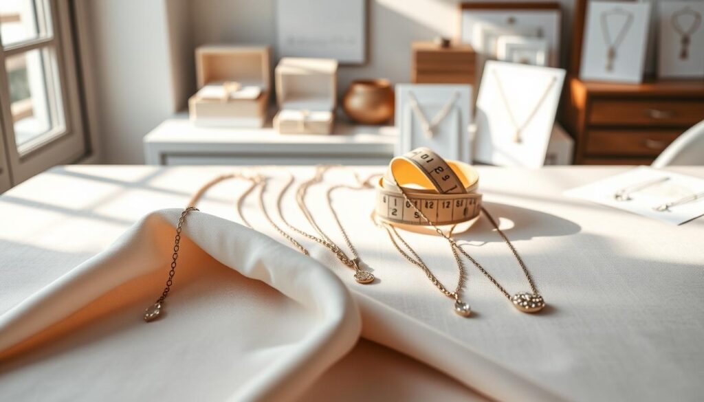 A beautifully designed necklace lengths guide illustrated on a clean, elegant workspace. In the foreground, a variety of necklaces draped over soft, neutral-colored fabric, showcasing different lengths: choker, princess, matinee, and opera. The middle ground displays a measuring tape elegantly coiled with a few delicate, sparkling gemstones scattered around, highlighting exquisite details. The background features a softly blurred display of jewelry boxes and design sketches, creating a warm, inviting atmosphere. Natural light filters in from a nearby window, casting gentle shadows and enhancing the jewelry's shimmer. The mood is sophisticated yet accessible, inviting the viewer to learn about layering necklaces effortlessly in style.