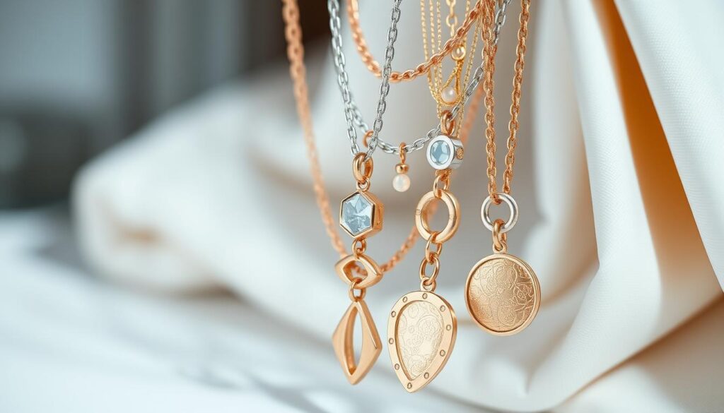 A beautifully layered stack of necklaces showcasing a mix of metals, including gold, silver, and rose gold. The foreground features intricate designs, such as delicate chains, bold statement pieces, and textured pendants. Each necklace displays unique elements, like geometric shapes and organic forms, creating a modern aesthetic. The middle ground includes soft, diffused lighting that highlights the luster of the metals and casts subtle shadows, adding depth. The background is a blurred, elegant setting, possibly a minimalist jewelry display or soft fabric, enhancing the focal point on the necklaces. The overall mood is stylish and contemporary, inviting viewers to appreciate the art of mixing metals and textures for a sophisticated look.