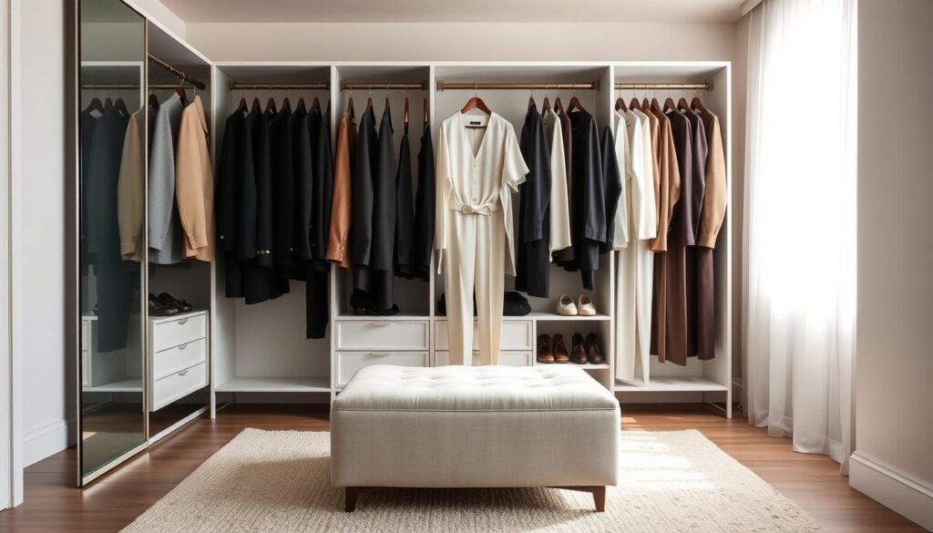 A beautifully organized wardrobe showcasing elevated basics, with a focus on timeless pieces. In the foreground, display a neatly arranged selection of high-quality blazers, tailored trousers, and a variety of solid-color blouses hung on elegant wooden hangers. The middle section features a plush, light-colored carpet and a chic, minimalist ottoman for styling outfits. In the background, a softly lit room with neutral walls and floor-to-ceiling windows allows natural light to illuminate the scene, creating a warm and inviting atmosphere. Incorporate soft shadows and a slight depth of field, with a focus on the wardrobe’s clothing. Emphasize the elegance and sophistication of a solid wardrobe foundation, conveying a mood of understated luxury and timeless style.